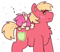Size: 886x761 | Tagged: safe, artist:cutiesparke, derpibooru import, apple bloom, big macintosh, earth pony, pony, adorabloom, apple bloom's bow, bow, brother and sister, chest fluff, cute, duo, eyes closed, female, freckles, green eyes, hair bow, hoof heart, image, lightly watermarked, lying down, lying on top of someone, macabetes, male, onomatopoeia, png, ponies riding ponies, riding, siblings, sleeping, sound effects, sparkles, standing, watermark, zzz