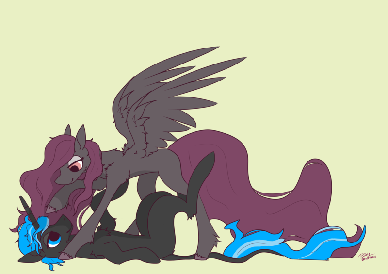 Size: 5906x4169 | Tagged: safe, artist:hrabiadeblacksky, derpibooru import, oc, oc:hrabia de black sky, bat pony, hybrid, kirin, pegasus, pony, unicorn, blue eyes, commission, duo, female, image, lying down, male, mare, oc x oc, png, shipping, stallion, wings