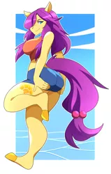 Size: 2800x4400 | Tagged: safe, artist:abysswatchers, derpibooru import, oc, unofficial characters only, anthro, earth pony, unguligrade anthro, clothes, earth pony oc, female, image, png, shorts, smiling, solo
