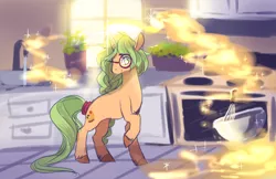 Size: 1224x792 | Tagged: safe, artist:aquagalaxy, derpibooru import, oc, oc:honey nevaeh, unofficial characters only, pony, unicorn, cooking, glasses, image, kitchen, png, solo