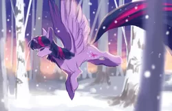 Size: 1224x792 | Tagged: safe, artist:aquagalaxy, derpibooru import, twilight sparkle, twilight sparkle (alicorn), alicorn, pony, eyes closed, flying, forest, image, png, sketch, snow, snowfall, solo, tree, winter
