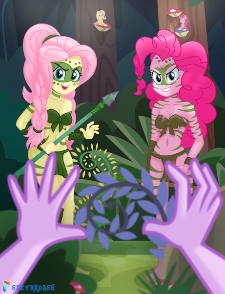 Size: 1125x1463 | Tagged: suggestive, artist:steyrrdash, derpibooru import, fluttershy, pinkie pie, sci-twi, twilight sparkle, human, equestria girls, the cutie re-mark, alternate hairstyle, alternate timeline, bandeau, barefoot, bodypaint, braid, breasts, busty fluttershy, busty pinkie pie, chrysalis resistance timeline, cleavage, clothes, duo focus, equestria girls-ified, evil grin, face paint, feet, female, fern, forest, front knot midriff, grin, hand, image, jpeg, jungle girl, loincloth, looking at you, midriff, mushroom, offscreen character, oh crap, open mouth, open smile, plushie, pov, signature, skimpy outfit, smiling, spear, stone spear, tree, tribal markings, tribal pie, tribalshy, weapon, wristband