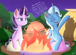 Size: 2000x1450 | Tagged: safe, artist:arcane-thunder, derpibooru import, starlight glimmer, sunburst, trixie, pony, unicorn, atg 2022, campfire, cup, dialogue, duo focus, eyes closed, female, forest, image, mare, newbie artist training grounds, night, open mouth, open smile, png, sitting, smiling, stars, teacup, tent, that pony sure does love teacups, tree