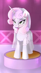 Size: 1080x1920 | Tagged: safe, artist:darksly, derpibooru import, sweetie belle, pony, unicorn, atg 2022, clothes, dress, female, image, jpeg, lidded eyes, mare, newbie artist training grounds, older, older sweetie belle, smiling, solo, wedding dress