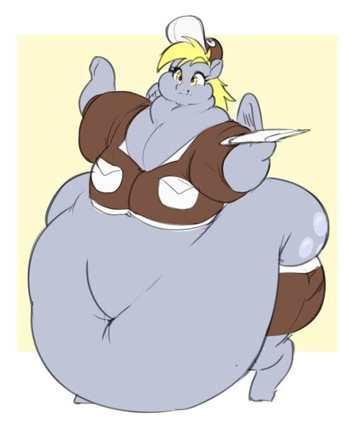 Size: 637x774 | Tagged: questionable, artist:graphenescloset, artist:sirmasterdufel, derpibooru import, derpy hooves, pegasus, semi-anthro, aderpose, belly, belly button, big belly, clothes, collaboration, envelope, fat, fat fetish, female, fetish, hat, huge belly, image, impossibly large belly, jpeg, mailmare, mailmare hat, morbidly obese, obese, pants, shirt, smiling, solo, solo female