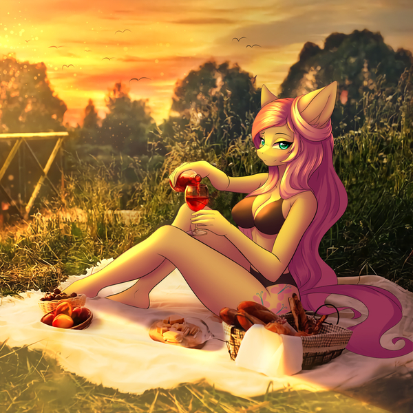Size: 1272x1272 | Tagged: safe, artist:hellcat120, derpibooru import, fluttershy, anthro, pegasus, plantigrade anthro, alcohol, basket, bedroom eyes, belly button, bikini, bottle, bread, breasts, busty fluttershy, butter, cheese, cherry, clothes, detailed background, digital art, female, food, glass, grass, image, jpeg, looking at you, peach, picnic, picnic basket, picnic blanket, pose, sitting, solo, stupid sexy fluttershy, swimsuit, thighs, tree, wide hips, wine, wine bottle, wine glass, wingless, wingless anthro