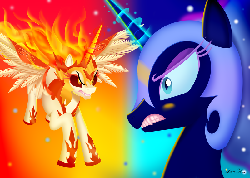 Size: 3500x2500 | Tagged: safe, artist:leonkay, derpibooru import, daybreaker, nightmare moon, pony, duality, image, png