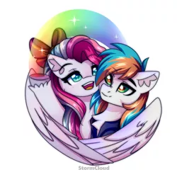 Size: 2500x2500 | Tagged: safe, artist:leah minik, derpibooru import, oc, oc:sky sorbet, oc:twister joy, unofficial characters only, pegasus, pony, blue eyes, blushing, bow, bust, chest fluff, clothes, cute, female, green eyes, hair bow, image, looking at something, male, mare, multicolored mane, oc x oc, open mouth, open smile, pegasus oc, png, rainbow, raised hoof, shipping, simple background, smiling, stallion, two toned mane, white background, wings