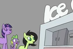 Size: 1602x1080 | Tagged: safe, artist:happy harvey, derpibooru import, spike, twilight sparkle, oc, oc:anonfilly, dragon, earth pony, pony, unicorn, annoyed, cash register, colored pupils, drawn on phone, excited, female, filly, foal, food, freezer, gray background, ice cream, image, male, mare, png, poggers, simple background