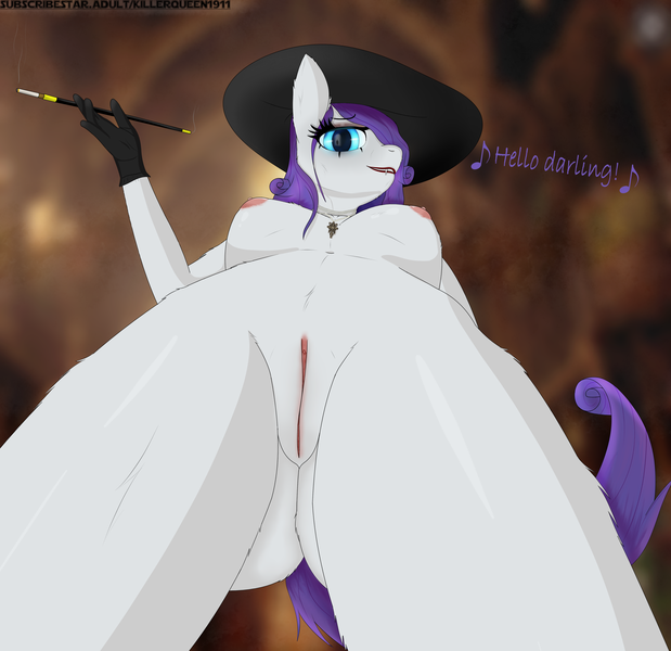 Size: 4230x4098 | Tagged: explicit, alternate version, artist:killerqueen1911, derpibooru import, rarity, anthro, pony, undead, unicorn, vampire, alternate design, blue eyes, breasts, busty rarity, butt, cigarette, cigarette holder, cigarette smoke, clothes, dialogue, elegant, erect nipples, exposed breasts, eyelashes, eyeshadow, fangs, female, front view, genitals, gloves, glow, glowing eyes, hat, height difference, image, jewelry, labia, lady dimitrescu, lady raritrescu, lipstick, low angle, makeup, mare, necklace, nipples, nudity, png, resident evil 8, solo, solo female, tall, vulva