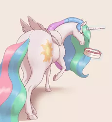 Size: 3251x3530 | Tagged: safe, artist:aquaticvibes, derpibooru import, princess celestia, alicorn, pony, butt, cake, cakelestia, cute, cutelestia, ethereal hair, ethereal mane, ethereal tail, eyes closed, female, folded wings, food, glow, glowing horn, high res, hoers, horn, image, levitation, magic, magic aura, mare, plot, png, princess celestia is a horse, rear view, shadow, simple background, smiling, solo, sunbutt, tail, telekinesis, white background, wings