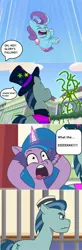 Size: 942x2873 | Tagged: safe, derpibooru import, edit, edited screencap, screencap, izzy moonbow, earth pony, pegasus, pony, unicorn, my little pony: tell your tale, nightmare roommate, spoiler:g5, spoiler:my little pony: tell your tale, spoiler:tyts01e04, spoiler:tyts01e20, bars, bow, bracelet, comic, falling, female, filly, foal, friendship bracelet, g5, glory (g5), hat, image, jail, jewelry, jpeg, male, mare, one trick pony (episode), rufus (g5), screaming, screencap comic, stallion, tail, tail bow, top hat, vine, word balloon