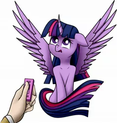 Size: 2057x2160 | Tagged: artist needed, suggestive, derpibooru import, twilight sparkle, twilight sparkle (alicorn), alicorn, human, pony, curved horn, floppy ears, hand, horn, image, jpeg, sex toy, simple background, spread wings, vibrator, white background, wings