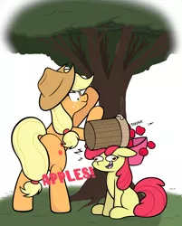 Size: 2018x2511 | Tagged: safe, artist:aaathebap, derpibooru import, apple bloom, applejack, bushel, hoss, earth pony, pony, apple, apple family member, basket, bushel basket, derp, food, image, jpeg, tree, wide eyes