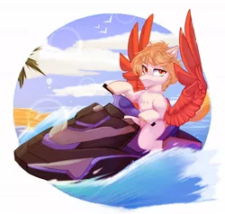Size: 1050x1000 | Tagged: safe, artist:thieftea, derpibooru import, oc, unofficial characters only, pegasus, beach, image, jet ski, jpeg, looking at you, solo, spread wings, wings
