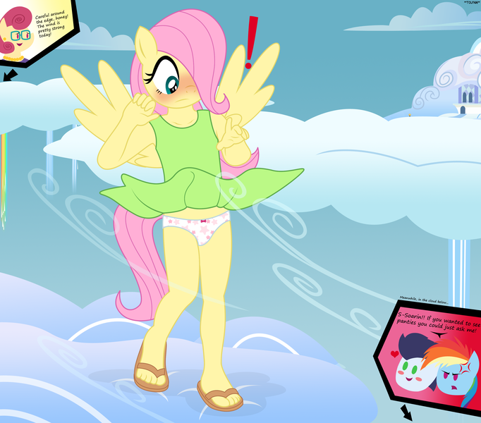 Size: 2946x2591 | Tagged: suggestive, artist:tolpain, banned from derpibooru, ponybooru import, fluttershy, posey shy, rainbow dash, soarin', anthro, pegasus, plantigrade anthro, clothes, cloudsdale, dialogue, dress, female, image, lolicon, male, panties, png, shipping, skirt, soarindash, spread wings, straight, sundress, underage, underwear, upskirt, white underwear, wingboner, wings, younger