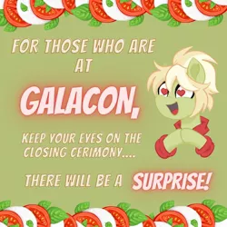 Size: 1080x1080 | Tagged: safe, artist:eponafest, derpibooru import, oc, oc:milli, basil (food), caprese salad, eponafest, food, galacon, green background, heart, heart eyes, image, italy, jpeg, mascot, mozzarella cheese, simple background, solo, tomato, wingding eyes