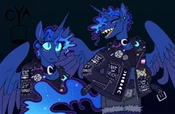 Size: 2092x1364 | Tagged: safe, artist:cyamallo, derpibooru import, princess luna, alicorn, anthro, :3, choker, clothes, ear piercing, earring, fishnets, image, jacket, jewelry, jpeg, leather, leather jacket, lidded eyes, midriff, open mouth, piercing, sharp teeth, shorts, smiling, solo, spread wings, tanktop, teeth, wings