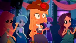 Size: 3410x1920 | Tagged: safe, derpibooru import, screencap, applejack, fluttershy, rarity, eqg summertime shorts, equestria girls, raise this roof, :o, bare shoulders, bracelet, cowboy hat, fall formal outfits, female, hairpin, hat, high res, image, jewelry, jpeg, open mouth, open smile, sleeveless, smiling, strapless