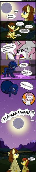 Size: 284x1344 | Tagged: safe, artist:veggie55, derpibooru import, edit, princess celestia, princess luna, oc, oc:vento, alicorn, pegasus, pony, angry, argument, calling, cewestia, colt, comic, dialogue, eclipse, female, filly, foal, german, image, implied lauren faust, looking at each other, looking at someone, looking up, male, moon, night, pink-mane celestia, png, pointing, raised hoof, s1 luna, sibling rivalry, sitting, smiling, solar eclipse, speech bubble, stallion, stars, sun, translation, woona, yelling, young celestia, young luna, younger