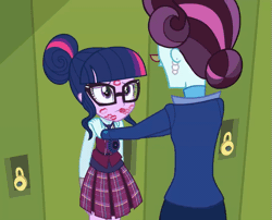 Size: 669x540 | Tagged: suggestive, derpibooru import, edit, editor:ayyuri, screencap, principal abacus cinch, sci-twi, twilight sparkle, equestria girls, friendship games, animated, assault, eyes closed, female, frown, gif, glasses, image, lockers, open mouth, sad, talking, wide eyes
