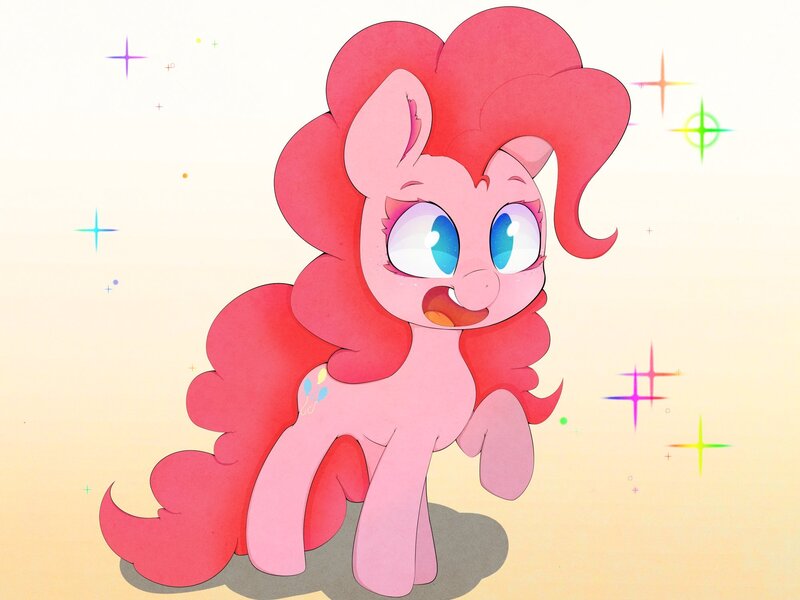 Size: 2000x1500 | Tagged: safe, artist:zokkili, derpibooru import, pinkie pie, earth pony, pony, colored eyelashes, cute, diapinkes, female, gradient background, image, jpeg, mare, no pupils, open mouth, open smile, raised hoof, simple background, smiling, solo, sparkles, white background