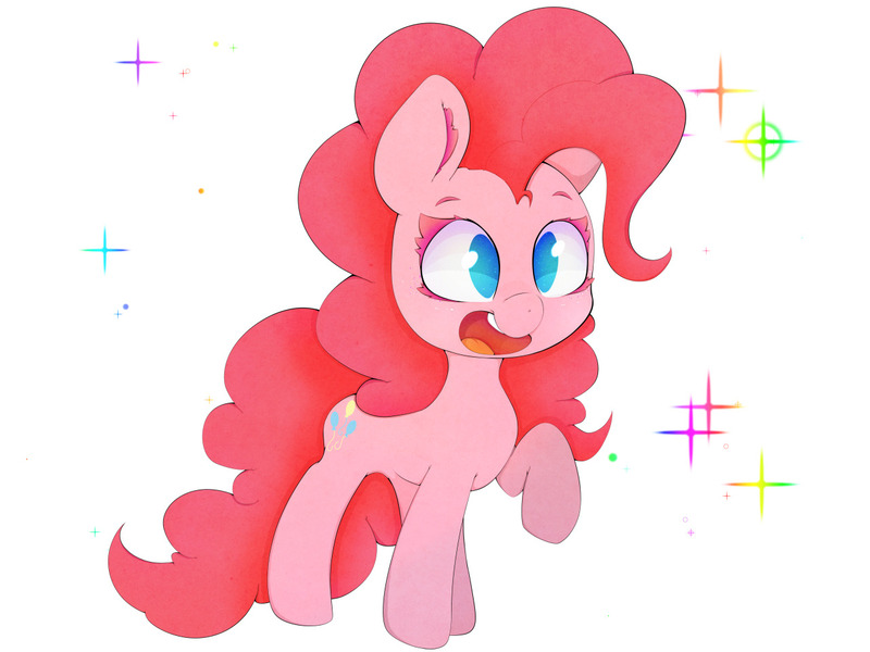 Size: 1280x960 | Tagged: safe, artist:zokkili, derpibooru import, pinkie pie, earth pony, pony, colored eyelashes, cute, diapinkes, female, image, jpeg, mare, no pupils, open mouth, open smile, raised hoof, simple background, smiling, solo, sparkles, white background