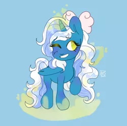 Size: 1242x1230 | Tagged: safe, artist:slothuseless, derpibooru import, oc, oc:fleurbelle, alicorn, pony, alicorn oc, blue background, bow, dirty hooves, female, hair bow, horn, image, jpeg, looking at you, magic, mare, one eye closed, simple background, wings, wink, winking at you