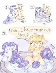 Size: 764x1000 | Tagged: safe, artist:reyam, derpibooru import, applejack, rarity, earth pony, pony, seapony (g4), unicorn, applejack's hat, comic, cowboy hat, dialogue, diamond, duo, duo female, ear fluff, eyes closed, female, floppy ears, freckles, gripping, hat, hatless, hmm, holding a pony, horn, image, jpeg, lesbian, looking at each other, looking at someone, mare, missing accessory, open mouth, prehensile tail, race swap, rarijack, seaponified, seapony rarity, shipping, simple background, sitting, species swap, tail, talking, tub, water, wet, wet mane, white background