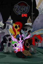 Size: 720x1080 | Tagged: grimdark, derpibooru import, applejack, fluttershy, pinkie pie, rainbow dash, rarity, spike, twilight sparkle, twilight sparkle (alicorn), alicorn, earth pony, pegasus, pony, unicorn, .exe, applejack's hat, applejack.exe, black sclera, blood, cowboy hat, crying, eyeshadow, female, fluttershy.exe, hat, horn, image, makeup, male, mane six, mane six.exe, mare, pinkie pie.exe, png, rainbow dash.exe, raised hoof, rarity.exe, smiling, spread wings, tears of blood, text, twilight sparkle.exe, wings, zalgo