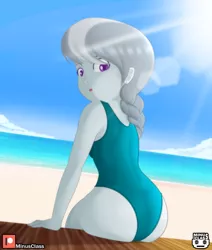 Size: 2976x3507 | Tagged: suggestive, artist:minusclass, derpibooru import, silver spoon, equestria girls, baywatch, beach, butt, clothes, crepuscular rays, female, glasses, high res, image, jpeg, looking back, ocean, one-piece swimsuit, sand, solo, solo female, summer, swimsuit, water