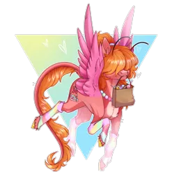 Size: 2108x2133 | Tagged: safe, artist:honeybbear, derpibooru import, oc, oc:sweet order, unofficial characters only, pegasus, pony, bag, candy, clothes, female, food, image, mare, mouth hold, png, rainbow socks, simple background, socks, solo, striped socks, transparent background