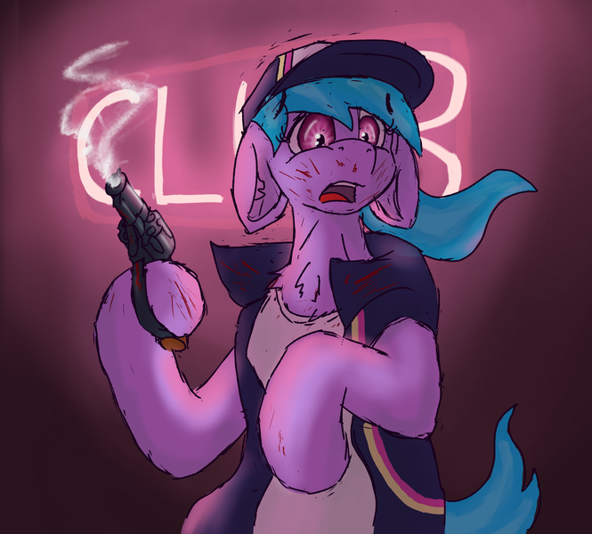 Size: 1956x1764 | Tagged: semi-grimdark, artist:reddthebat, derpibooru import, azure velour, earth pony, pony, blood, gun, handgun, hat, image, neon, png, revolver, smoke, solo, weapon