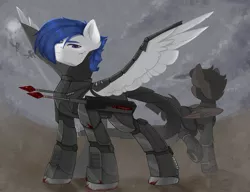 Size: 2560x1969 | Tagged: safe, artist:tttips!, derpibooru import, oc, oc:cinnamon, unofficial characters only, pegasus, fallout equestria, armor, artificial wings, augmented, blood, blue hair, clothes, cloud, enclave, image, jpeg, laser rifle, mechanical wing, pegasus oc, powered exoskeleton, purple eyes, short hair, spread wings, sunshine, uniform, weapon, wings