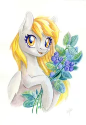 Size: 831x1200 | Tagged: safe, artist:maytee, derpibooru import, derpy hooves, pegasus, pony, berry, blueberry, colored pencil drawing, food, image, jpeg, smiling, solo, traditional art, underp