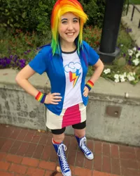 Size: 1080x1350 | Tagged: safe, artist:nedlydeadly cosplay, derpibooru import, rainbow dash, human, equestria girls, clothes, converse, cosplay, costume, hand on hip, image, irl, irl human, jpeg, kumoricon, multicolored hair, photo, rainbow hair, shoes, solo