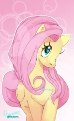 Size: 979x1602 | Tagged: safe, artist:neyimara, derpibooru import, fluttershy, pegasus, pony, abstract background, female, folded wings, front view, head turned, image, jpeg, looking at you, mare, outline, solo, standing, white outline, wings