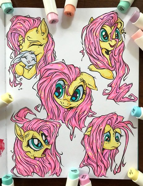 Size: 2956x3849 | Tagged: safe, artist:pixeenmoon, derpibooru import, angel bunny, fluttershy, pony, rabbit, animal, bust, eyes closed, female, floppy ears, high res, hug, image, jpeg, mare, marker drawing, open mouth, open smile, portrait, sad, shocked, smiling, solo, stray strand, traditional art