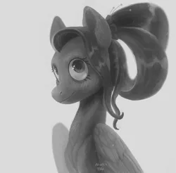 Size: 1920x1889 | Tagged: safe, artist:afialtis, derpibooru import, fluttershy, pegasus, pony, aside glance, bust, female, grayscale, hair accessory, image, looking at you, mare, monochrome, older, older fluttershy, partially open wings, png, sideways glance, smiling, solo, three quarter view, wings