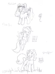 Size: 1280x1727 | Tagged: dead source, safe, artist:upright-infinity, derpibooru import, oc, oc:black lace, oc:flash biz, oc:slime gleam, unofficial characters only, earth pony, pegasus, pony, unicorn, blushing, female, flying, grayscale, image, lidded eyes, mare, monochrome, open mouth, open smile, png, smiling, spread wings, tail, tail wrap, traditional art, wings