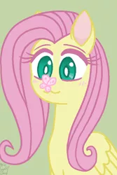 Size: 400x600 | Tagged: safe, artist:cyan7cloud, derpibooru import, fluttershy, butterfly, insect, pegasus, pony, :3, blushing, bust, butterfly on nose, cross-eyed, female, folded wings, image, insect on nose, looking at something, mare, png, simple background, smiling, solo, three quarter view, wings