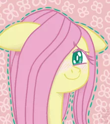 Size: 400x450 | Tagged: safe, artist:cyan7cloud, derpibooru import, fluttershy, pegasus, pony, blushing, bust, female, floppy ears, hair over one eye, image, looking at you, mare, outline, patterned background, png, portrait, smiling, smiling at you, solo, three quarter view