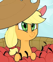 Size: 1200x1400 | Tagged: safe, artist:cyan7cloud, derpibooru import, applejack, earth pony, pony, apple, basket, bushel basket, bust, female, food, hat, image, jpeg, mare, outdoors, smol, solo, three quarter view, tiny, tiny ponies