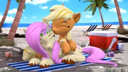 Size: 3840x2160 | Tagged: safe, artist:owlpirate, derpibooru import, applejack, fluttershy, earth pony, pegasus, pony, 3d, 4k, appleshy, beach, beach towel, cooler, cuddling, cute, eyes closed, female, floral head wreath, flower, hatless, high res, image, jackabetes, lesbian, lying down, mare, missing accessory, png, prone, shipping, shyabetes, source filmmaker, towel, unshorn fetlocks