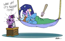 Size: 1024x653 | Tagged: safe, artist:bobthedalek, derpibooru import, trixie, twilight sparkle, twilight sparkle (alicorn), alicorn, pony, unicorn, alarm clock, atg 2022, baseball bat, bed mane, clock, hammock, hat, image, magic, newbie artist training grounds, nightcap, png, telekinesis, tired