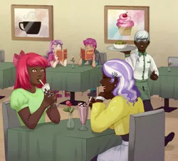 Size: 1059x959 | Tagged: safe, artist:toxiccolour, derpibooru import, apple bloom, diamond tiara, scootaloo, silver spoon, sweetie belle, human, apron, blackwashing, boots, bowl, chair, clothes, commission, cutie mark crusaders, dark skin, date, diamondbloom, drinking, drinking straw, ear piercing, earring, eyes closed, female, food, glasses, humanized, ice cream, image, jacket, jewelry, lesbian, menu, milkshake, nail polish, older, older apple bloom, older cmc, older diamond tiara, older scootaloo, older silver spoon, older sweetie belle, open mouth, pants, pen, piercing, png, salad, shipping, shirt, shoes, skirt, socks, spying, strawberry, t-shirt, table, tablecloth, tray, waitress, wristband