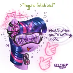 Size: 2000x2000 | Tagged: suggestive, artist:qlop, derpibooru import, twilight sparkle, pony, unicorn, bedroom eyes, bust, collar, disembodied hand, earbuds, female, fetish, finger gun, finger guns, greentext, hand, heart, horn, horn ring, hypnogear, hypnolight sparkle, hypnosis, hypnosis fetish, hypnotic music, hypnotized, image, jewelry, latex, lock, magic, magic hands, mare, metal, mind control, padlock, png, ring, simple background, solo, spiral, steel, swirly eyes, text, unicorn twilight, visor, white background