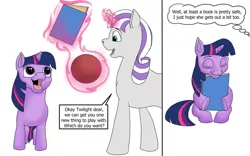 Size: 1280x800 | Tagged: safe, artist:termyotter, derpibooru import, twilight sparkle, twilight velvet, pony, unicorn, atg 2022, ball, book, comic, cute, dialogue, eyes closed, female, filly, filly twilight sparkle, glow, glowing horn, happy, horn, image, jpeg, levitation, magic, mother and child, mother and daughter, newbie artist training grounds, open mouth, open smile, simple background, smiling, telekinesis, that pony sure does love books, twiabetes, underhoof, unicorn twilight, white background, younger