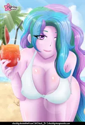 Size: 676x1000 | Tagged: suggestive, artist:clouddg, derpibooru import, princess celestia, equestria girls, alcohol, breasts, busty princess celestia, clothes, cocktail, cocktail glass, drink, hair over one eye, image, looking at you, png, swimsuit