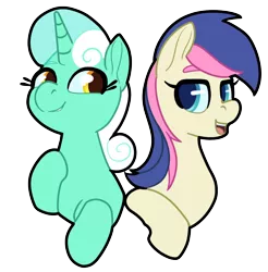 Size: 1270x1289 | Tagged: safe, artist:storyteller, derpibooru import, bon bon, lyra heartstrings, sweetie drops, earth pony, unicorn, alternate hairstyle, cute, duo, image, mane swap, png, simple background, transparent background